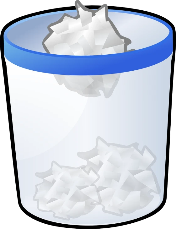 a blue and white trash can filled with shredded paper, an illustration of, pixabay, transparent crystal, filled with water, 1128x191 resolution, window open