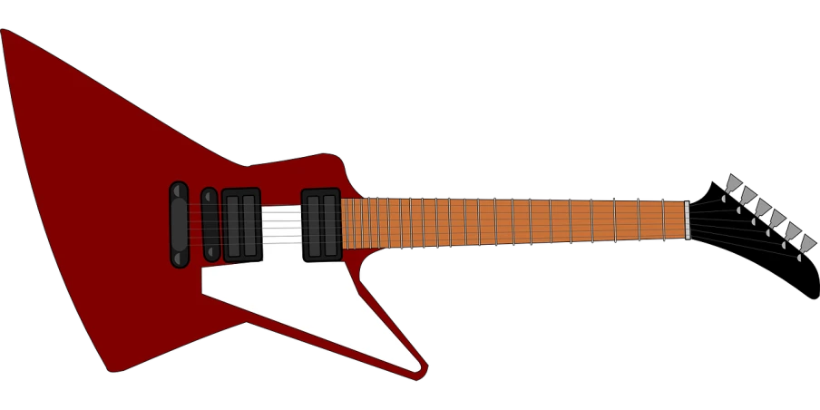 a red and white electric guitar on a black background, concept art, by Wayne Reynolds, pixabay, 2d side view, v wing, front perspective, plan