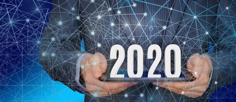 a man in a suit holding a tablet with the word 2020 on it, trending on pixabay, futurism, neon virtual networks, 🦩🪐🐞👩🏻🦳, avatar image, last photo