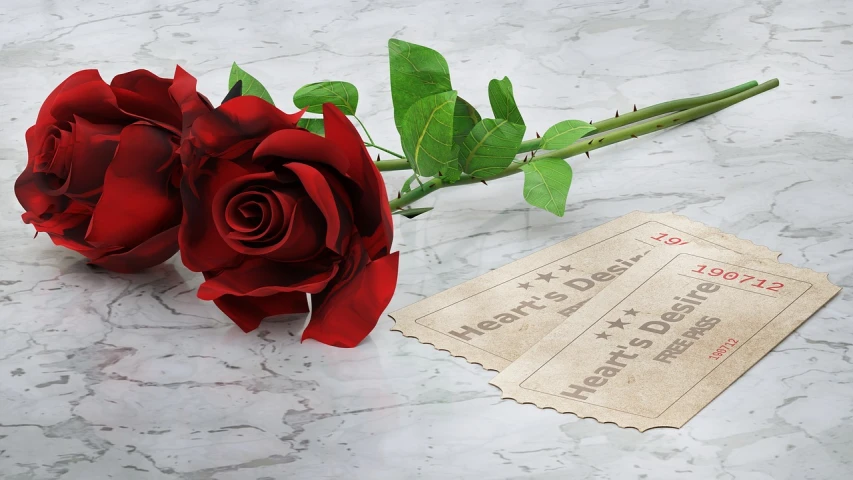 a couple of red roses sitting on top of a table, inspired by Hedi Xandt, pixabay contest winner, photorealism, service ticket close up, highly detailed labeled, with 3d render, postage