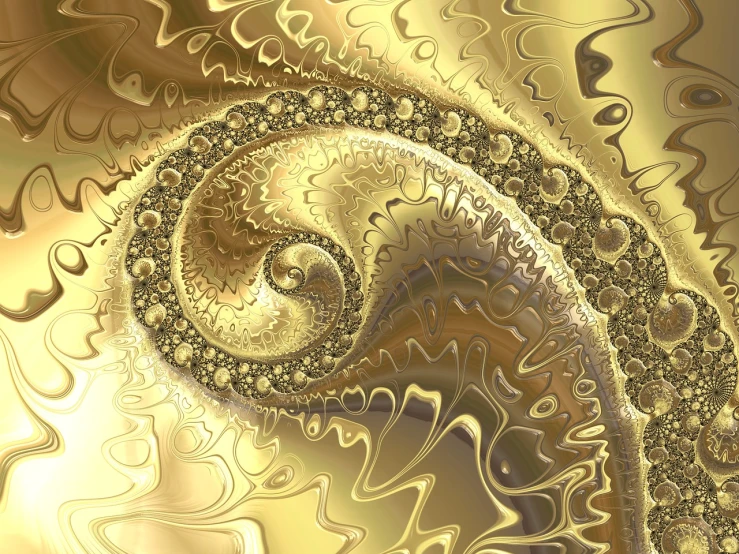 a computer generated image of a golden spiral, digital art, inspired by Benoit B. Mandelbrot, ornate giger background, golden smooth material, pearlescent skin, organic forms