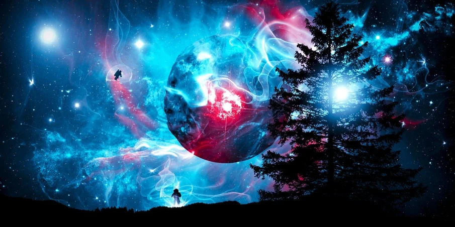 a man standing on top of a hill next to a tree, digital art, tumblr, space art, red and blue black light, glowing sphere, multiverse!!!!!!, beautiful avatar pictures