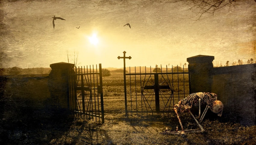 a skeleton standing in front of a gate, a photo, by Kurt Roesch, pixabay contest winner, digital art, sun rising, graves, wide-shot, aftermath