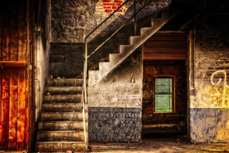 an old run down building with graffiti on the walls, by Andrew Domachowski, shutterstock, stone stairway, detailed shadows and textures, brick, morning glow