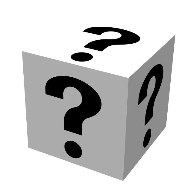 a cube with a question mark on it, a picture, pixabay, miscellaneous objects, two, black on white background, feeling of mystery