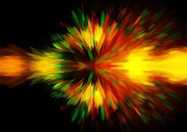 a close up of a colorful flower on a black background, digital art, explosion of data fragments, red green yellow color scheme, orange spike aura in motion, high res