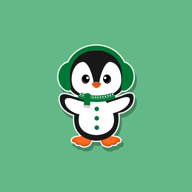 a penguin wearing a green hat and scarf, vector art, inspired by Kinichiro Ishikawa, sticker design vector art, on a pale background, mascot illustration, flat 2 d vector art