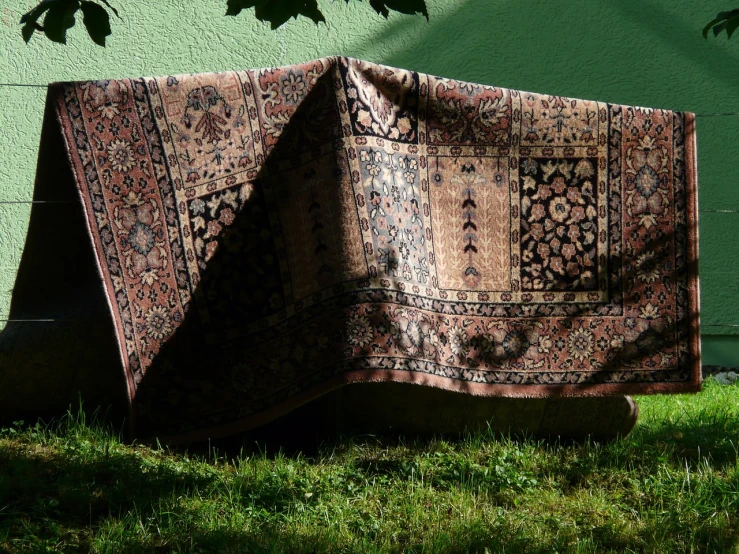 a large rug sitting on top of a lush green field, by Alexander Bogen, flickr, hurufiyya, detailed cloth, great light and shadows”, old moist carpet, garden