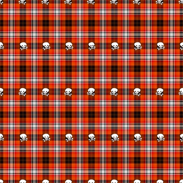 a plaid pattern with skulls on it, inspired by Muirhead Bone, pixabay contest winner, vanitas, dark orange black white red, cute boys, srgb, seaside