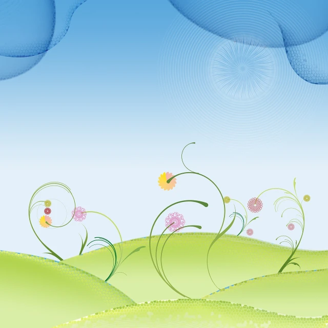a bunch of flowers that are in the grass, a digital rendering, naive art, grass spiral mountain landscape, smooth vector lines, background is space, smooth and clean vector curves