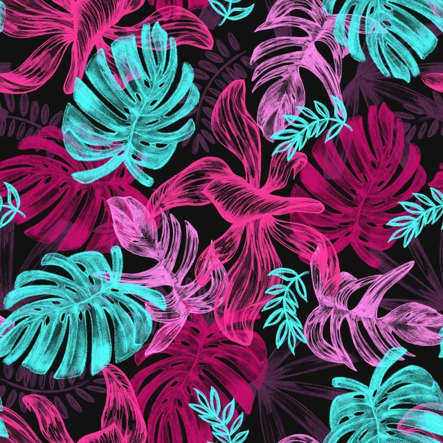 a pattern of tropical leaves on a black background, shutterstock, process art, in the colors hot pink and cyan, colored screentone, multi layered thick brush marks, high quality screenshot