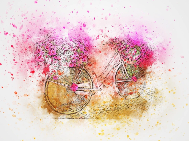 a painting of a bicycle with flowers in the basket, a watercolor painting, modern european ink painting, digital painting style, flowers exploding and spraying, verbena, photoshop brush