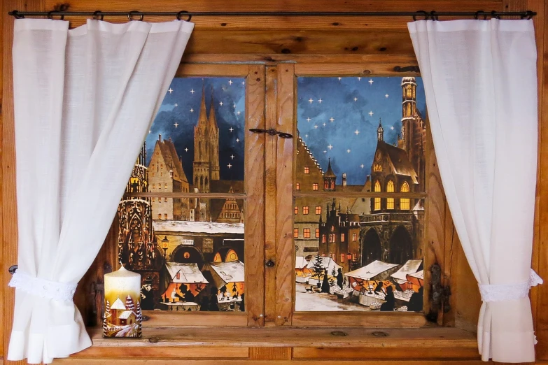 a window with a christmas scene painted on it, by Sigmund Freudenberger, shutterstock, folk art, market setting, bruegel, linen, triptych