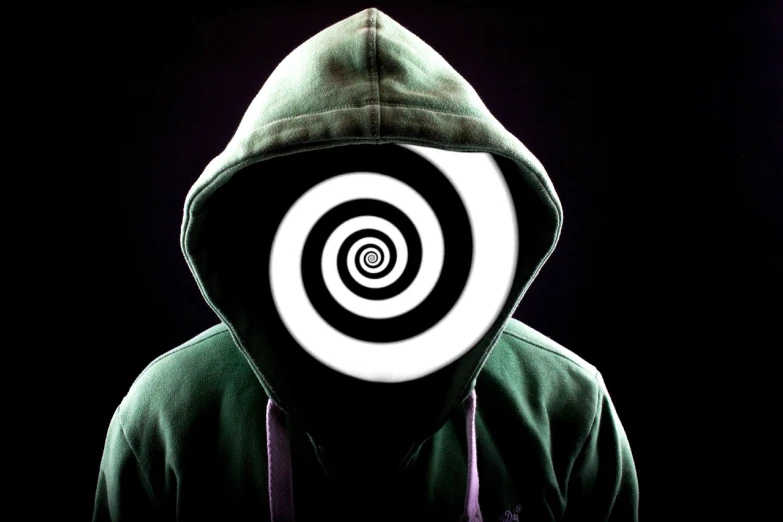 a close up of a person wearing a hoodie, by Jon Coffelt, surrealism, glowing spiral background, evil mastermind, hypnosis, photo-shopped