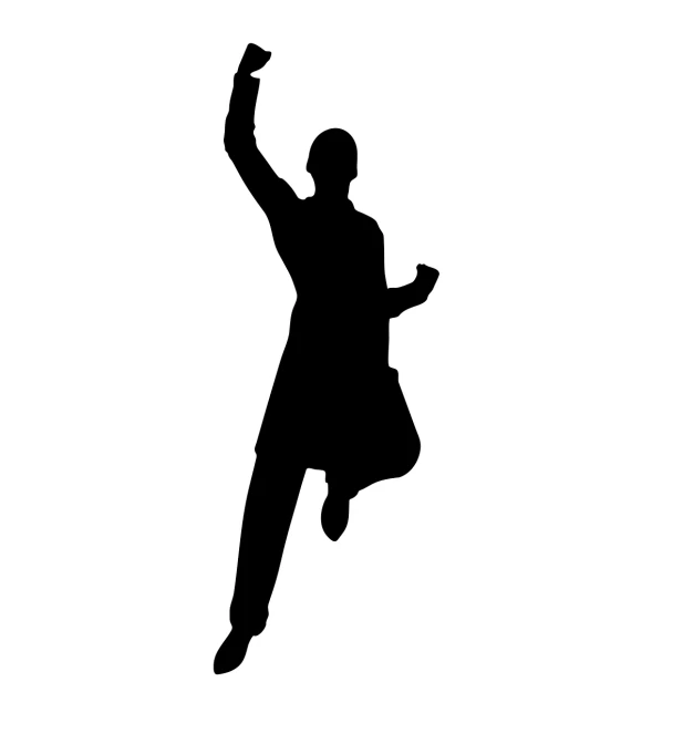 a silhouette of a man jumping in the air, an illustration of, inspired by Kōno Michisei, figuration libre, he is wearing a black trenchcoat, b - roll, official product photo, bollywood