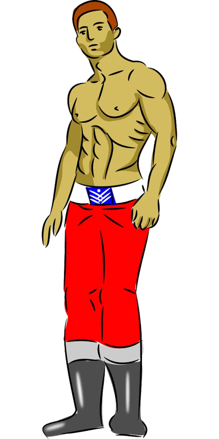 a drawing of a man with no shirt on, a digital rendering, figuration libre, red tank top and wide blue pants, !!! very coherent!!! vector art, attire: bikini, assyrian