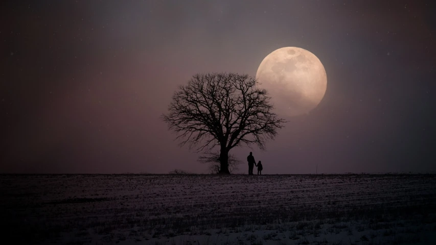 a group of people standing on top of a snow covered field, a picture, by Gusztáv Kelety, pexels contest winner, romanticism, large detailed moon, lonely tree, cowboy, soft glow