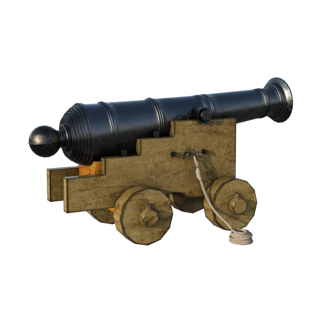 a cannon sitting on top of a wooden cart, polycount, renaissance, 3 / 4 view portrait, high quality product image”, on black background, extremely high quality scan