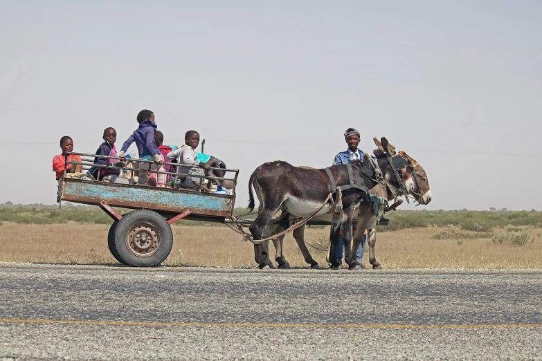 a group of people riding on the back of a horse drawn carriage, a picture, by Dietmar Damerau, flickr, mingei, african, donkey, roadside, little kid