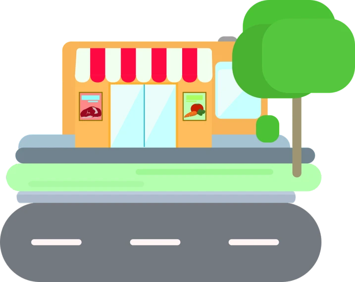 a building with a tree in front of it, concept art, pixabay, naive art, shopping groceries, on a flat color black background, road, gif