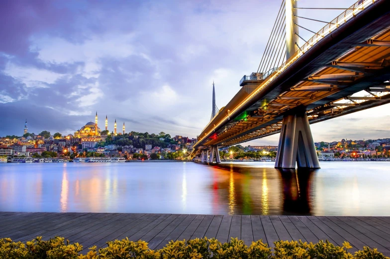 a bridge over a body of water with a city in the background, a picture, by Orshi Drozdik, shutterstock, turkey, mobile wallpaper, best selling, wonderful scene