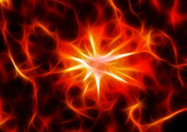 a red and yellow star on a black background, digital art, firing synapses, hell background, bright neon solar flares, dendrites