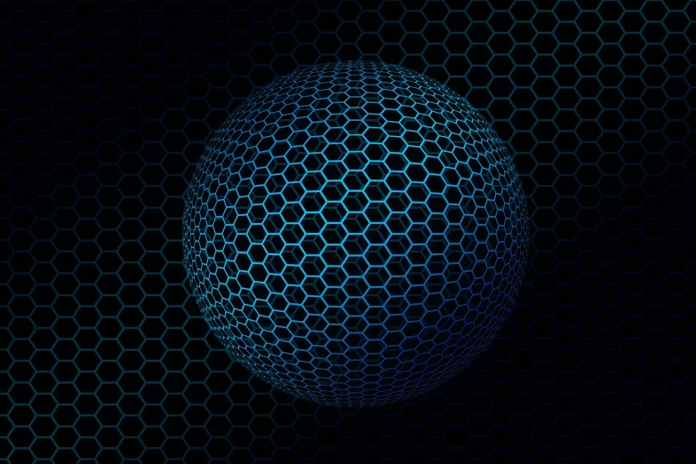 a blue sphere with hexagons on a black background, digital art, detailed grid as background, vector background, opart, machine planet