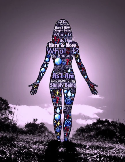 a woman that is standing in the grass, by Tom Phillips, digital art, chakra diagram, detailed silhouette, ari aster, fullbody art