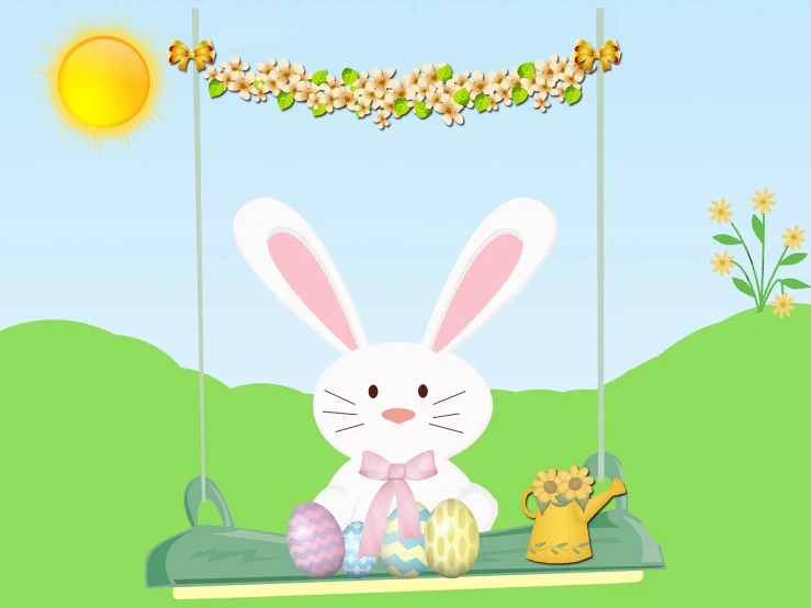 a rabbit that is sitting on a swing, a digital rendering, by Martina Krupičková, pixabay, sōsaku hanga, holding easter eggs, video still, happy sunny day, daisy