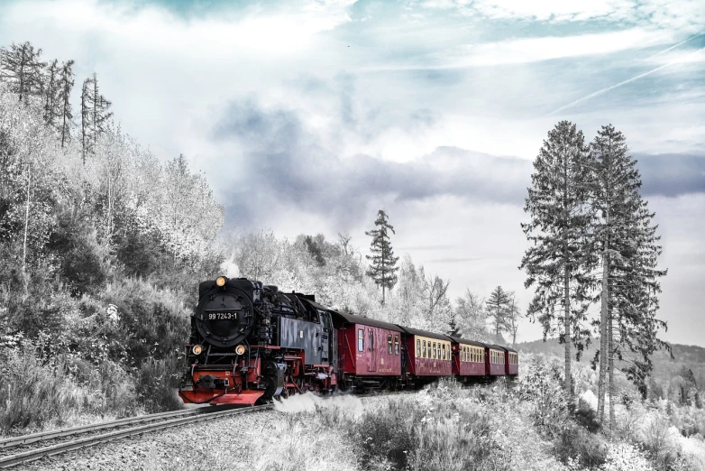 a large long train on a steel track, a colorized photo, by Karl Pümpin, trending on pixabay, german romanticism, in a snowy forest setting, black and white and red colors, steam clouds, guide