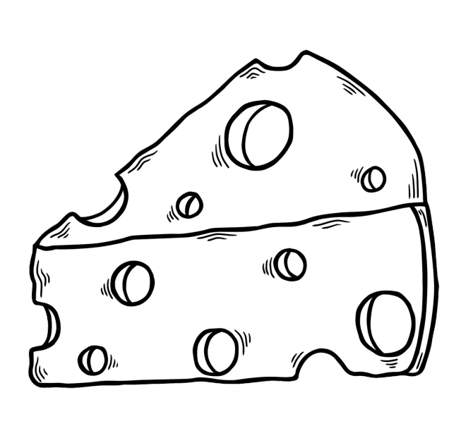 a piece of cheese with holes on it, a cartoon, by Karl Pümpin, pop art, lineart behance hd, the background is black, video, xkcd