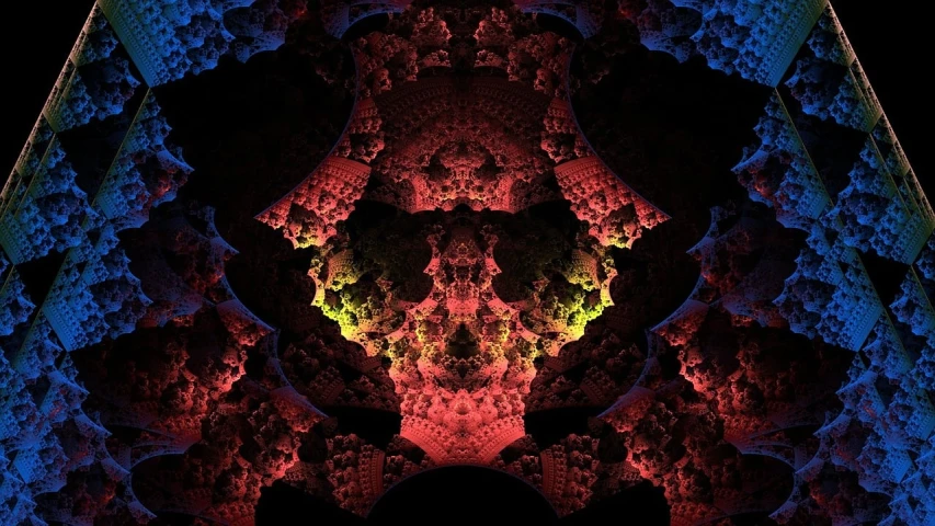 a computer generated image of a red and blue flower, inspired by Benoit B. Mandelbrot, flickr, digital art, ancient neon monster portrait, symmetry!! portrait of hades, fractal ceramic armor, made of lava