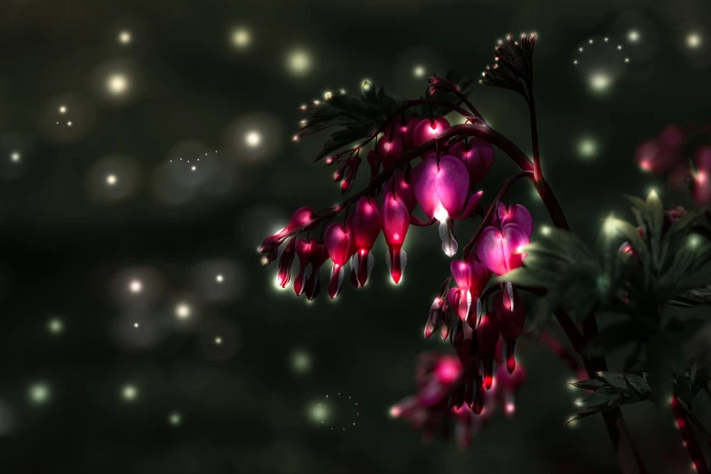 a close up of a plant with pink flowers, digital art, by Henryka Beyer, shutterstock, magical forest with fireflies, dripping light drops, ominous beautiful mood, high quality fantasy stock photo