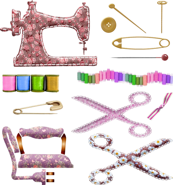 a collection of sewing supplies on a black background, digital art, bling, clip-art, cg, machin3