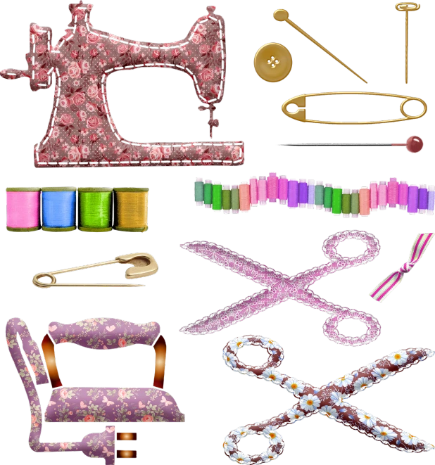 a collection of sewing supplies on a black background, digital art, bling, clip-art, cg, machin3