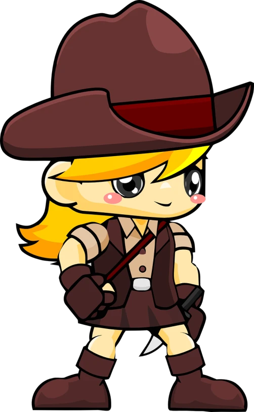 a cartoon girl wearing a cowboy hat and holding a gun, inspired by Leiko Ikemura, deviantart, emma!! watson!!, trooper, けもの, chibi