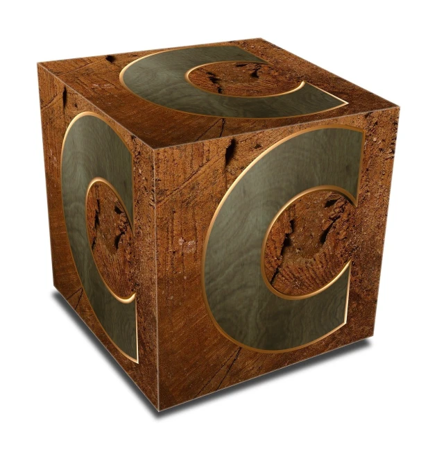 a close up of a wooden box on a white background, a computer rendering, cgsociety, cubo-futurism, uppercase letter, cement, polished with visible wood grain, circular