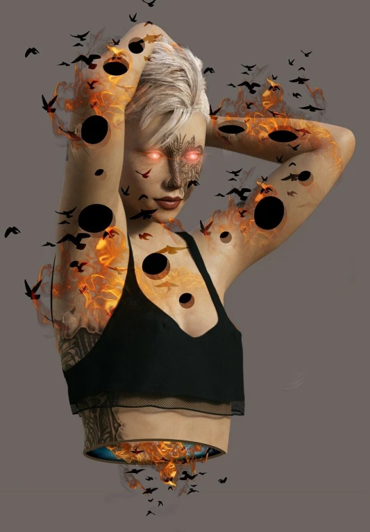 an image of a woman with tattoos on her body, digital art, inspired by Taro Yamamoto, digital art, fire and explosions, cycles4d render, evil eyes, photoshop collage