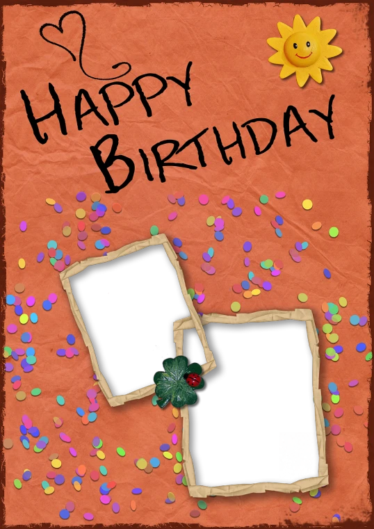 a birthday card with two photos and confetti sprinkles, a picture, by Henryka Beyer, flickr, 2 d cg, with blunt brown border, post grunge, drawn with photoshop