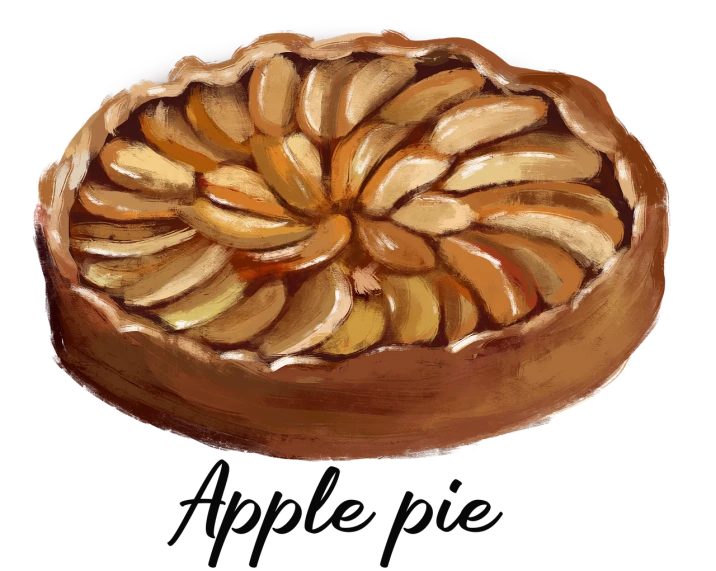 a painting of an apple pie on a black background, a digital painting, tumblr, process art, shiny!!, flan, recipe, thumbnail