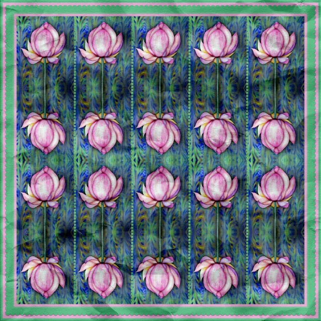 a painting of pink flowers on a green background, a digital rendering, deviantart, art nouveau, with lotus flowers, patterned scarf, flowers inside of a marble, repeating