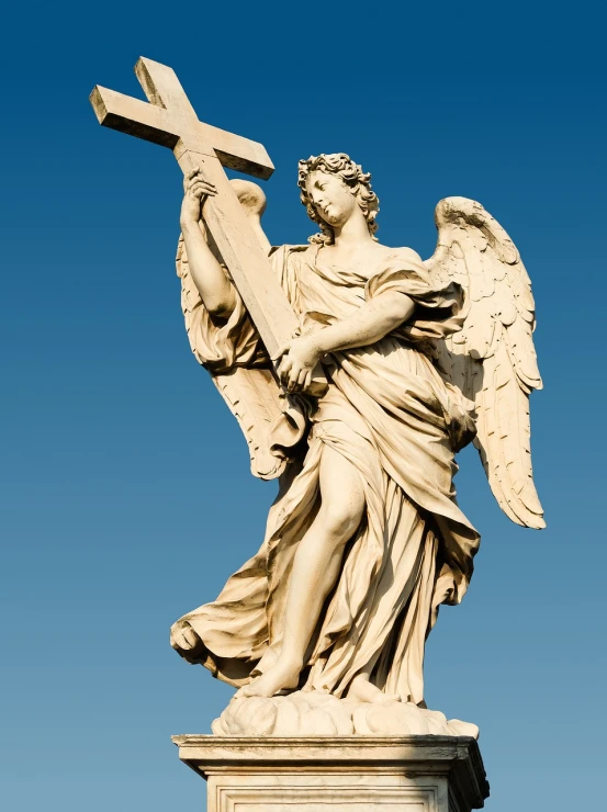 a statue of an angel holding a cross, inspired by Cagnaccio di San Pietro, shutterstock, full length photo, roman catholic icon, forward angle, saint womans