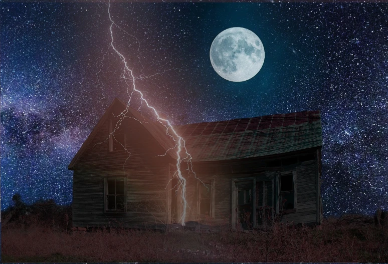 a house in the middle of a field under a full moon, by Maxwell Bates, pixabay, magical realism, thunder and lightning, photo-shopped, old cabin, closeup photograph