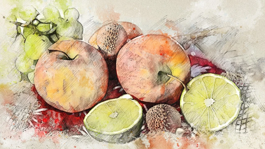 a painting of fruit and vegetables on a table, a digital painting, process art, mixed media style illustration, a beautiful artwork illustration, sketch-like, digital art. photo realistic