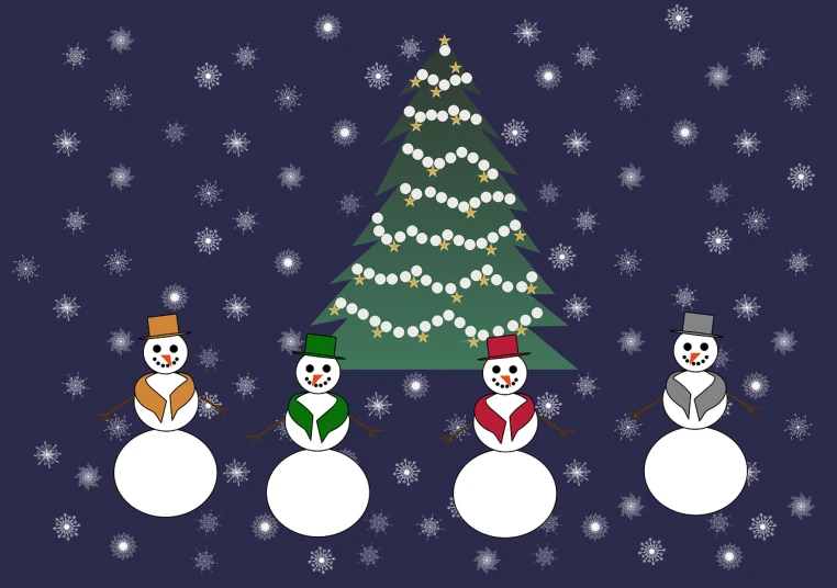 a group of snowmen standing in front of a christmas tree, an illustration of, naive art, flat 2 d design, on a dark background, illustration, remove