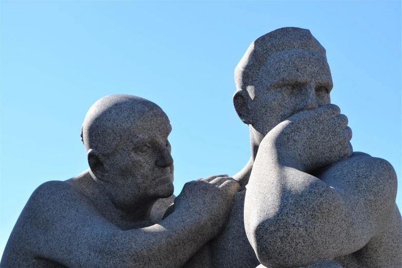 a couple of statues sitting next to each other, by Jesper Myrfors, trending on pixabay, modernism, two muscular men entwined, head and upper body in frame, heavy gesture style closeup, ancestors