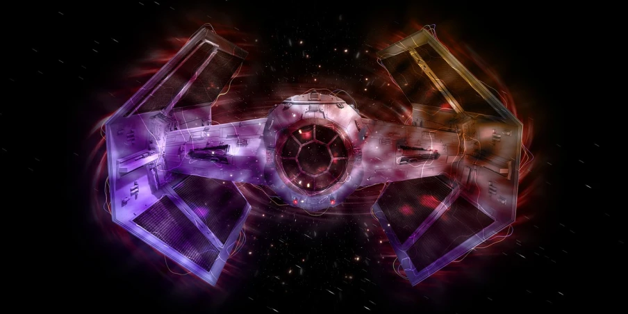 a star wars tier flying through space, by Gavin Nolan, space art, some red and purple, tie - fighter, andrei riabovitchev symmetrical, stunning screensaver