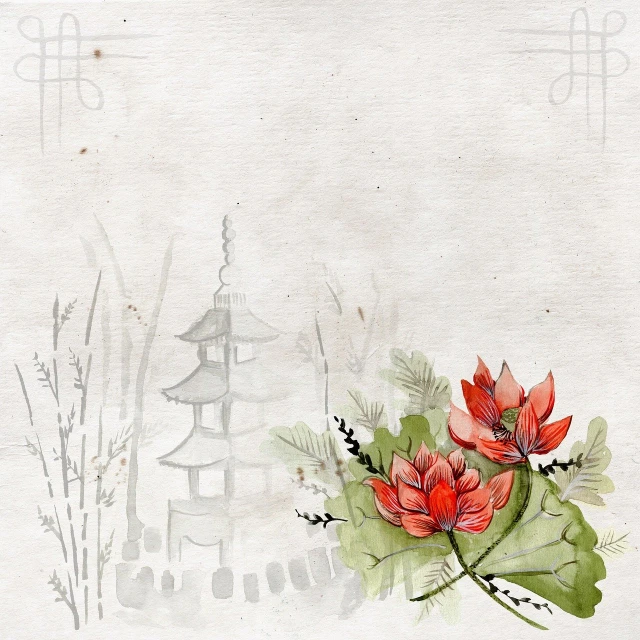 a painting of red flowers with a pagoda in the background, a watercolor painting, art nouveau, traditional chinese textures, lotus, half image, japan travel scrapbook