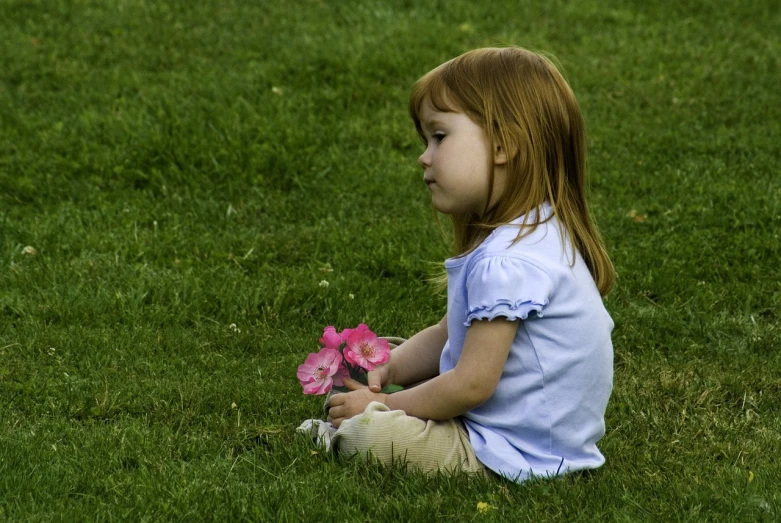 a little girl sitting in the grass holding a pink flower, by Matt Stewart, realism, high res, pondering, bouquet, screensaver