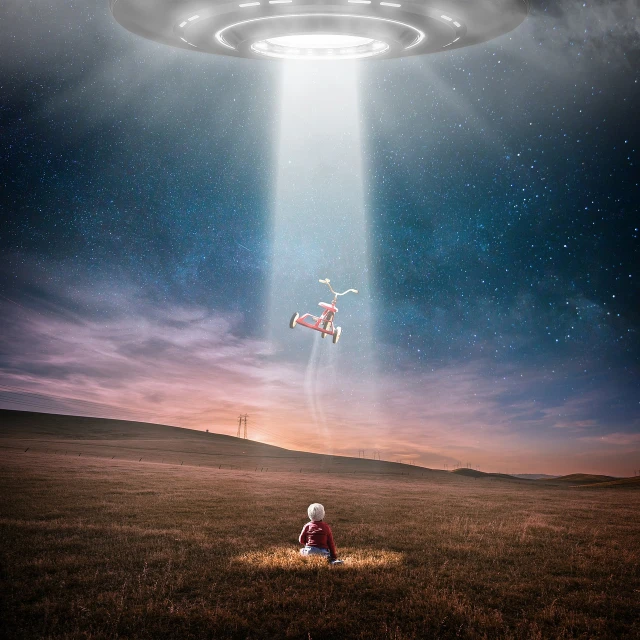 a man sitting in a field in front of a flying saucer, by Wayne England, shutterstock, surrealism, little girl with magical powers, high quality fantasy stock photo, only one robot kid on the ground, spaceship in dark space